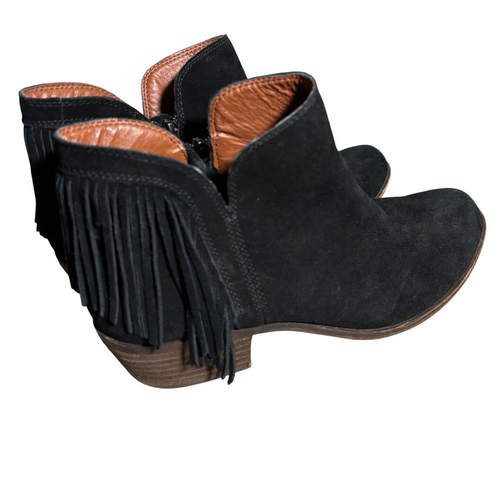 Lucky Brand Black Suede Fringe Ankle Boots Womens 8.5 M Western Booties Boho